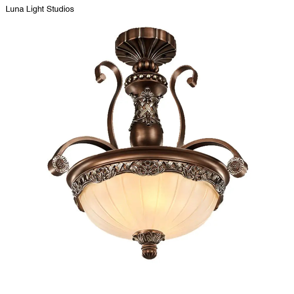 Traditional Rust Bowl Pendant Light With Frosted Textured Glass - 3 Chandelier For Bedroom