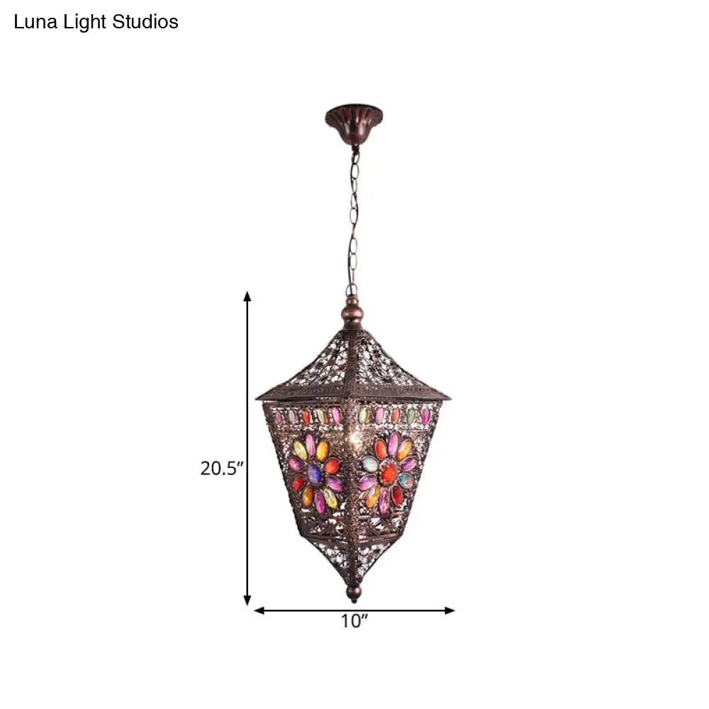 Traditional Rust Lantern Hanging Lamp Kit For Restaurant Suspension Lighting - 1 Head Metal Design