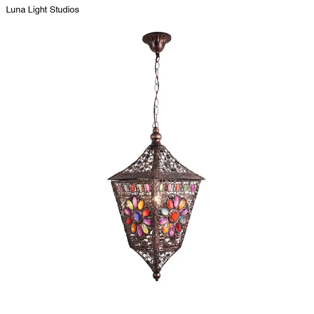 Traditional Rust Lantern Hanging Lamp Kit For Restaurant Suspension Lighting - 1 Head Metal Design