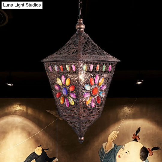 Traditional Rust Lantern Hanging Lamp Kit For Restaurant Suspension Lighting - 1 Head Metal Design