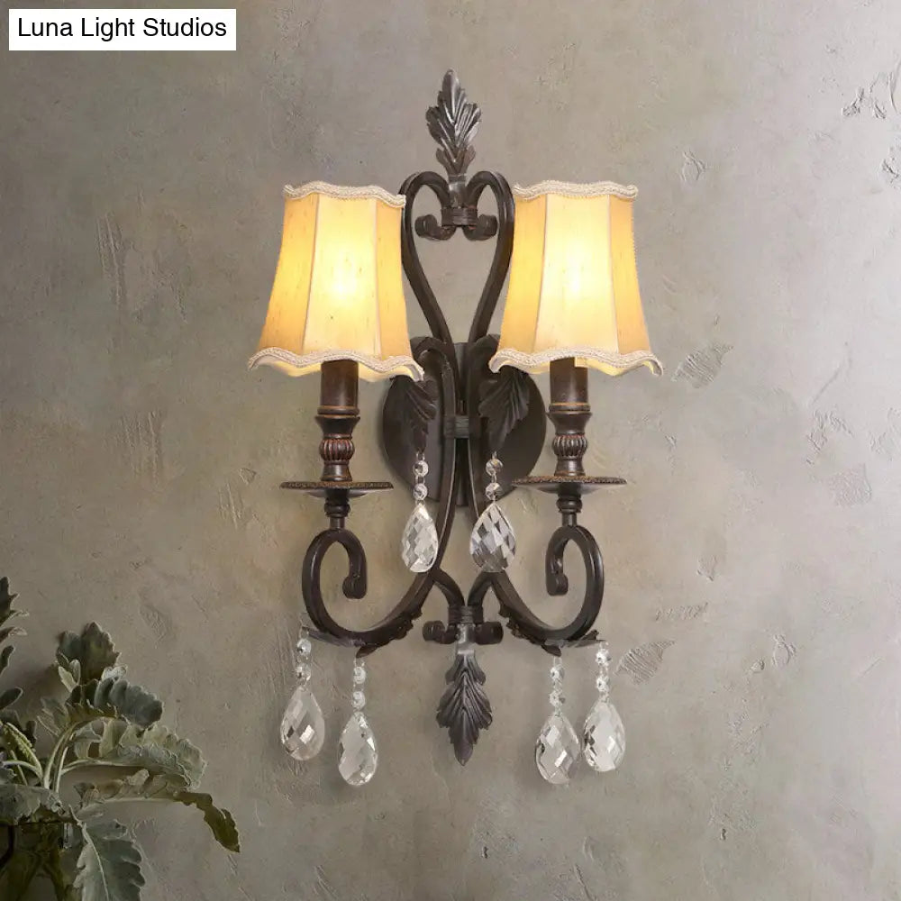 Traditional Rust Scalloped Sconce: Metal 2-Light Wall Mount With Fabric Shade & Crystal Accents