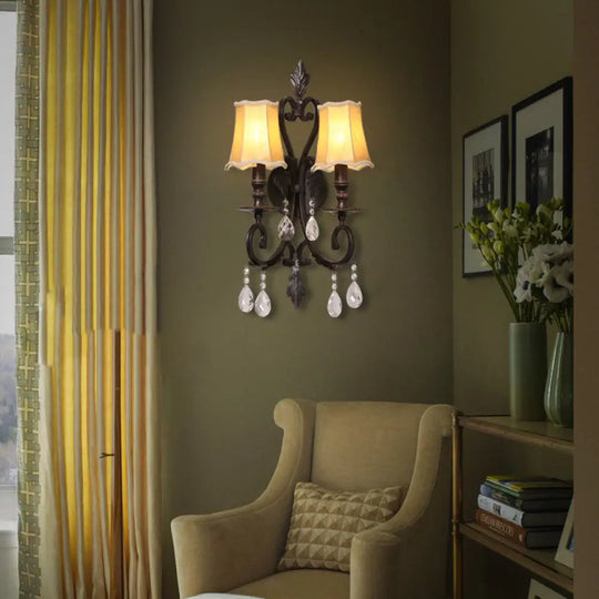 Traditional Rust Scalloped Sconce: Metal 2-Light Wall Mount With Fabric Shade & Crystal Accents