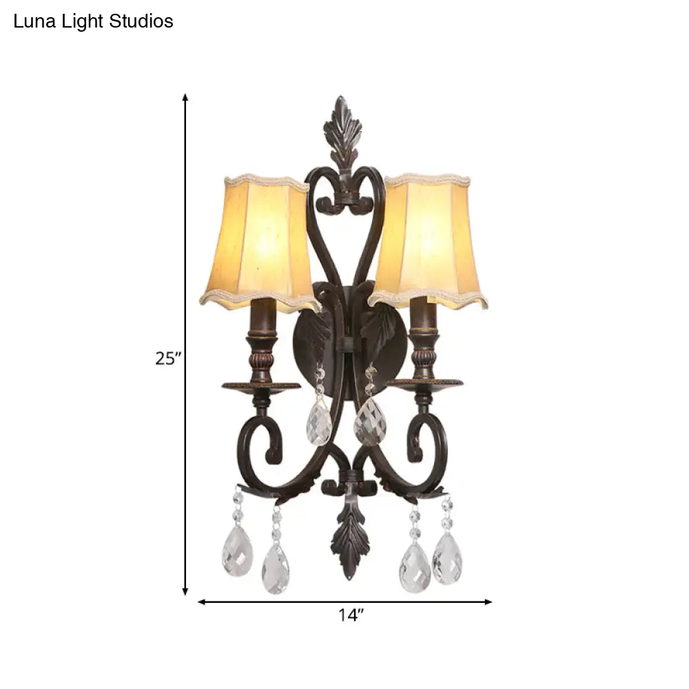 Traditional Rust Scalloped Sconce: Metal 2-Light Wall Mount With Fabric Shade & Crystal Accents