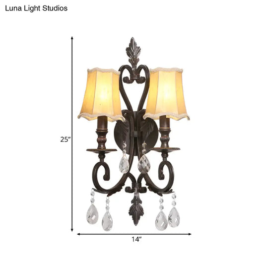 Traditional Rust Scalloped Sconce: Metal 2-Light Wall Mount With Fabric Shade & Crystal Accents