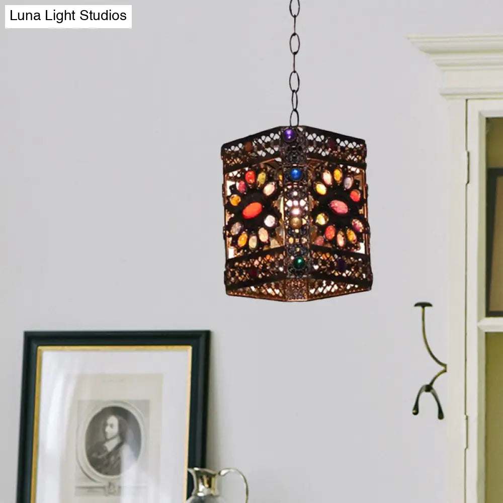 Traditional Rust Stained Glass Hanging Light For Dining Room