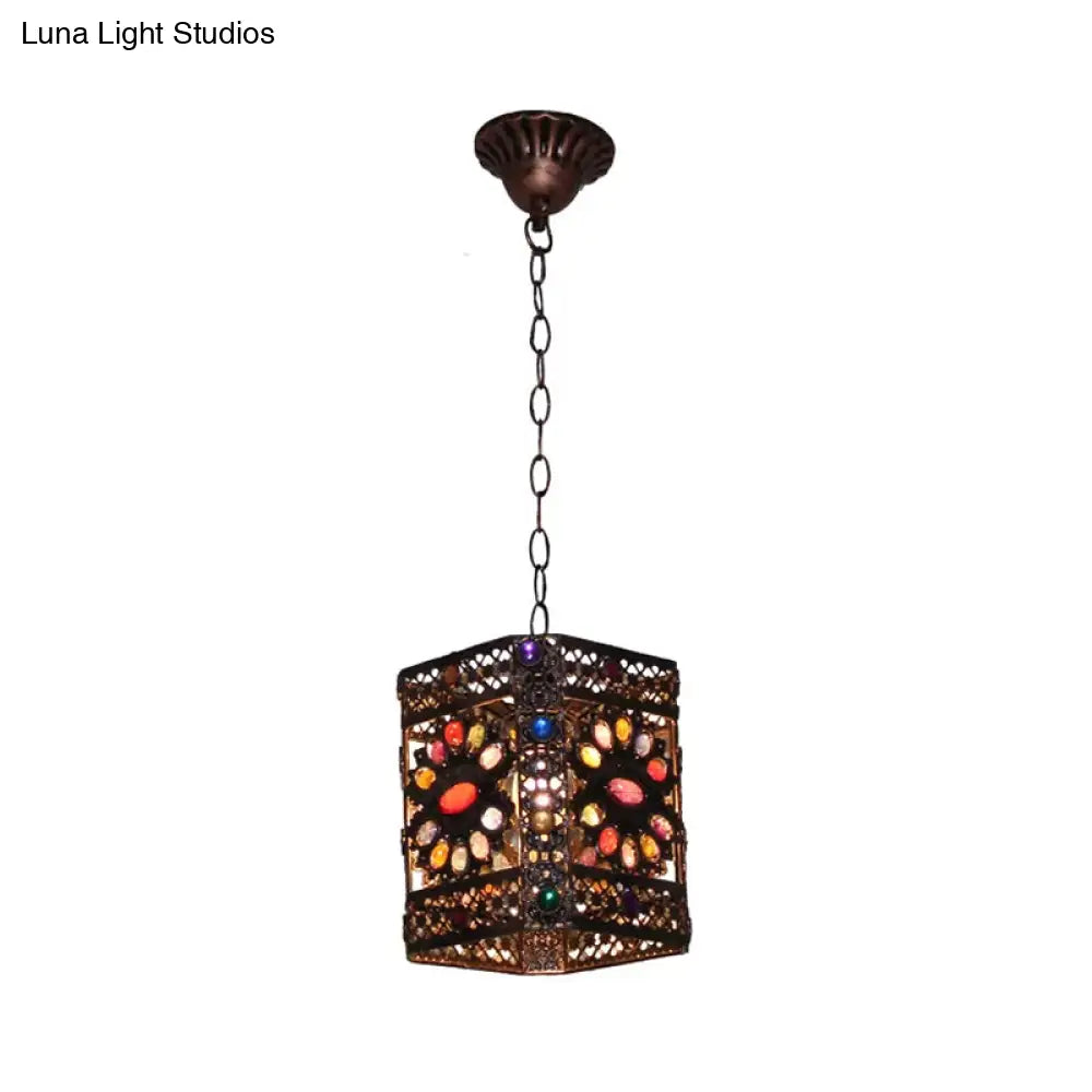 Traditional Rust Stained Glass Hanging Light For Dining Room