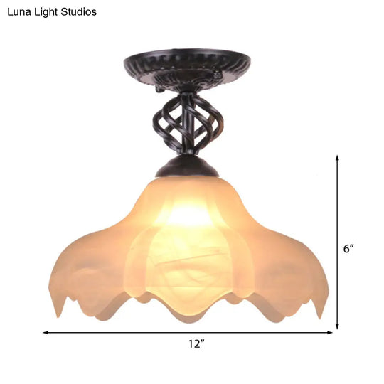 Traditional Scalloped Frosted Glass 1-Light Semi Flush Mount Ceiling Light In Black/White For