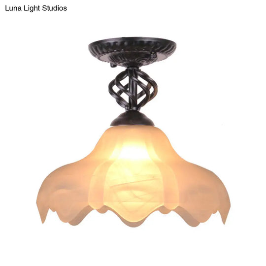 Traditional Scalloped Frosted Glass 1-Light Semi Flush Mount Ceiling Light In Black/White For