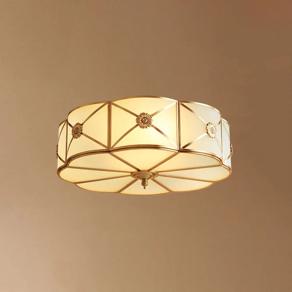 Traditional Scalloped Glass Ceiling Lamp In White & Brass For Bedroom Flush Mount Lighting 3 /