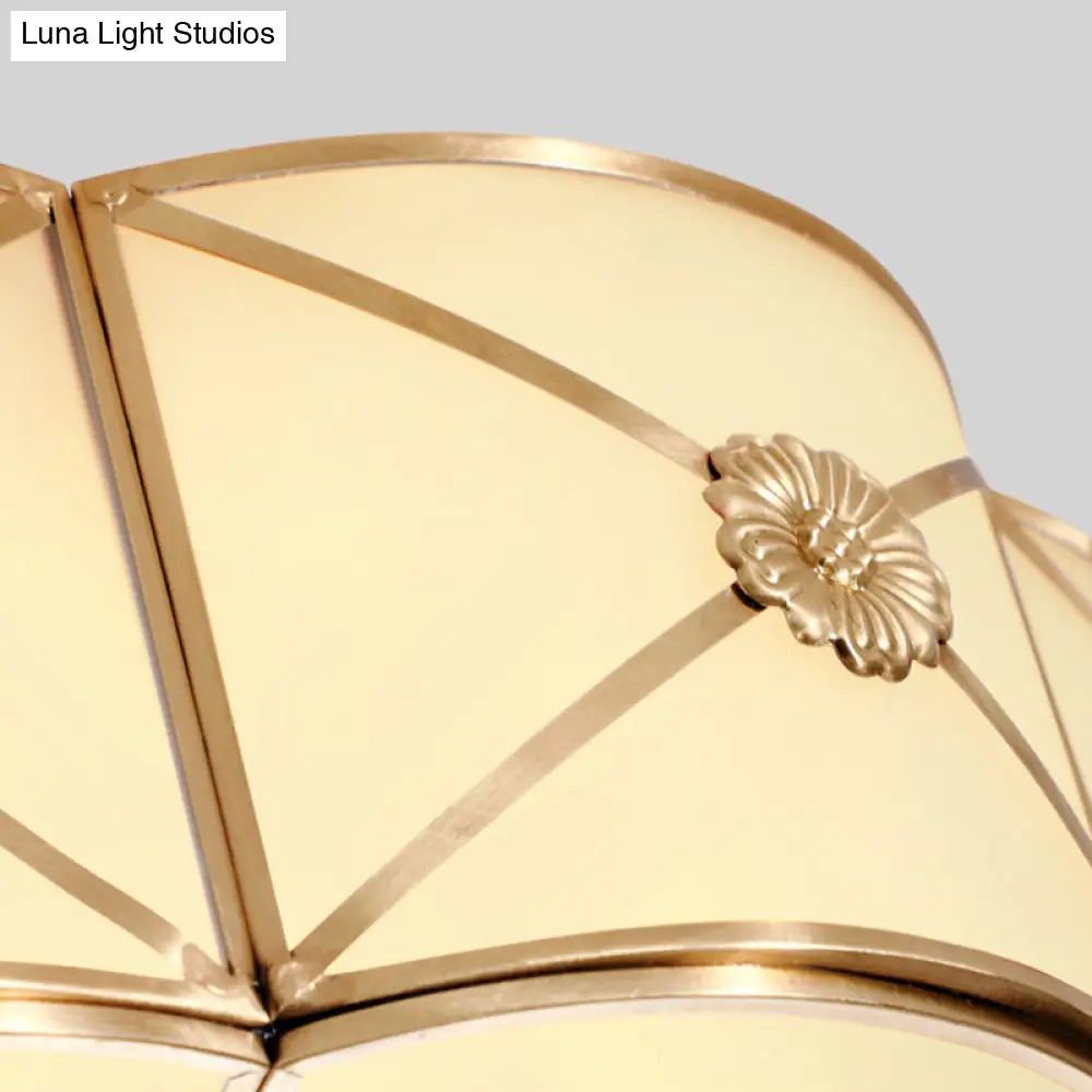 Traditional Scalloped Glass Ceiling Lamp In White & Brass For Bedroom Flush Mount Lighting