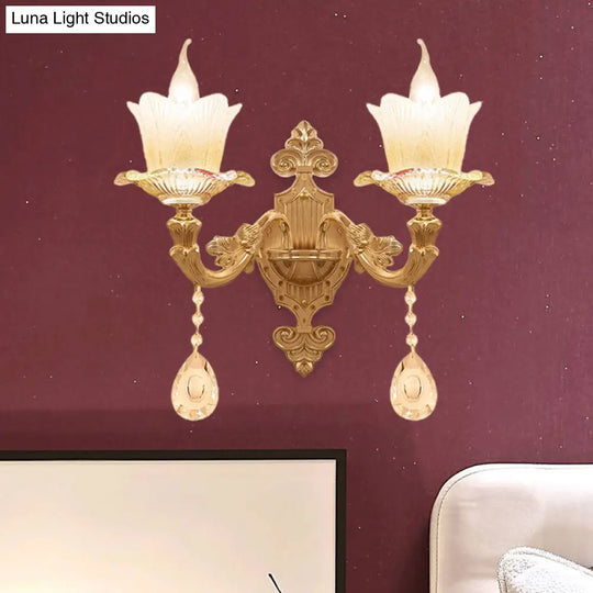 Traditional Scalloped Glass Wall Lamp With Frosted And Gold Sconce For Bedside