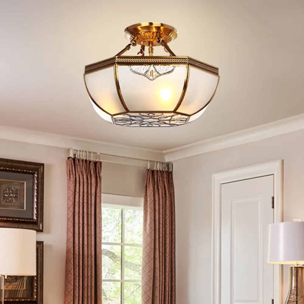 Traditional Semi Flush Brass Lamp With Milk Glass And 3 Bulbs For Living Room Ceiling