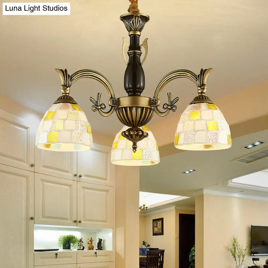 Traditional Shell Dome Suspension Lamp With Curved Arm - 3-Light Pendant For Foyer White