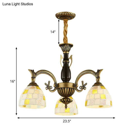 Traditional Shell Dome Suspension Lamp With Curved Arm - 3-Light Pendant For Foyer