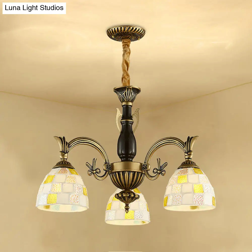 Traditional Shell Dome Suspension Lamp - Curved Arm 3-Light Pendant For Foyer