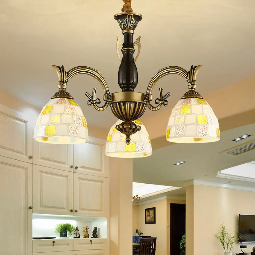 Traditional Shell Dome Suspension Lamp - Curved Arm 3-Light Pendant For Foyer White