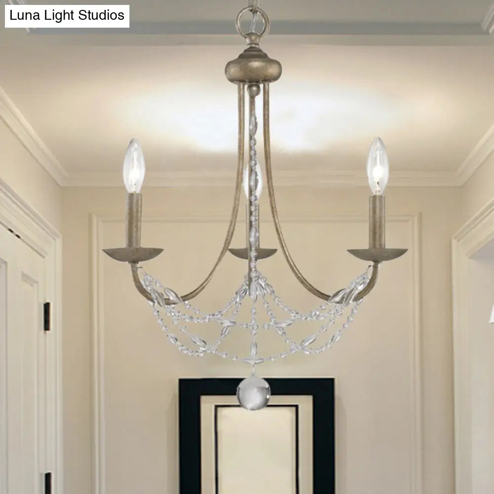 Traditional Silver Candelabra Pendant Lamp With Crystal Strand Deco - Metallic Hanging Chandelier