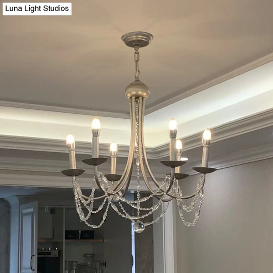 Traditional Silver Candelabra Pendant Lamp With Crystal Strand Deco - Metallic Hanging Chandelier