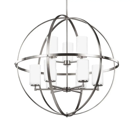 Traditional Silver Cylinder Chandelier With Cage - 3/5/9-Light Metal Dining Room Ceiling Fixture 9 /