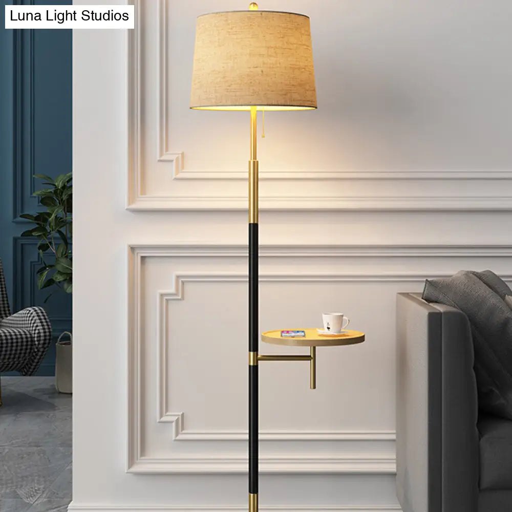 Traditional Single Living Room Floor Lamp With Pull Chain Fabric Empire Shade & Wooden Tray In