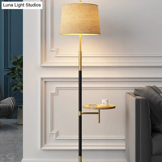 Traditional Single Living Room Floor Lamp With Pull Chain Fabric Empire Shade & Wooden Tray In