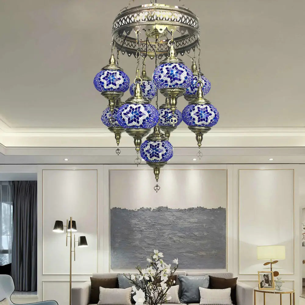 Traditional Sky Blue/Green/Royal Blue Glass Ball Hanging Chandelier - 9 Heads Ceiling Light Fixture