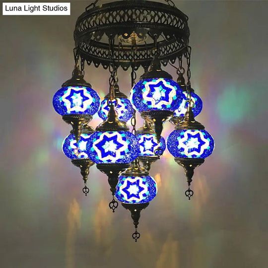 Traditional Sky Blue/Green/Royal Blue Glass Ball Hanging Chandelier - 9 Heads Ceiling Light Fixture