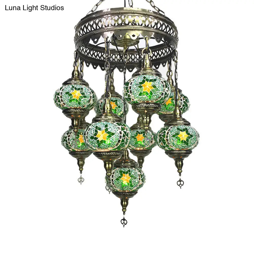 Traditional Sky Blue/Green/Royal Blue Glass Ball Hanging Chandelier - 9 Heads Ceiling Light Fixture
