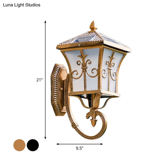 Traditional Solar Led Wall Lamp - Frosted Glass Curved Lantern Sconce For Patios In Black/Brass