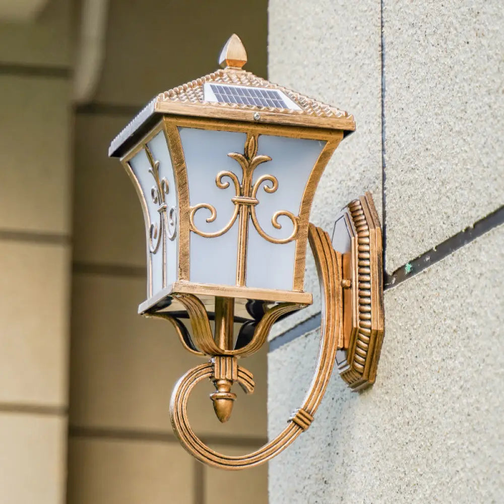 Traditional Solar Led Wall Lamp - Frosted Glass Curved Lantern Sconce For Patios In Black/Brass