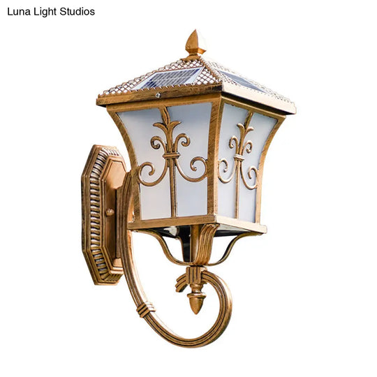 Traditional Solar Led Wall Lamp - Frosted Glass Curved Lantern Sconce For Patios In Black/Brass