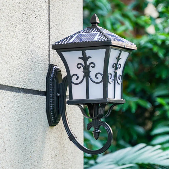 Traditional Solar Led Wall Lamp - Frosted Glass Curved Lantern Sconce For Patios In Black/Brass