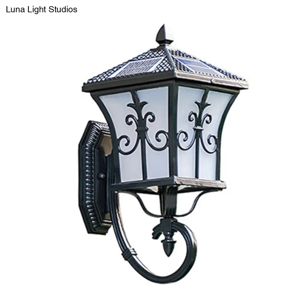 Traditional Solar Led Wall Lamp - Frosted Glass Curved Lantern Sconce For Patios In Black/Brass