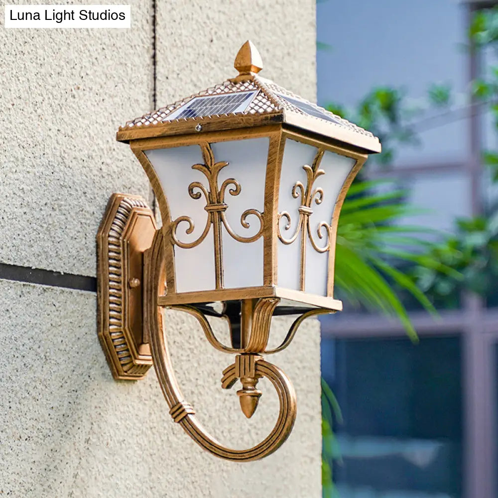 Traditional Solar Led Wall Lamp - Frosted Glass Curved Lantern Sconce For Patios In Black/Brass