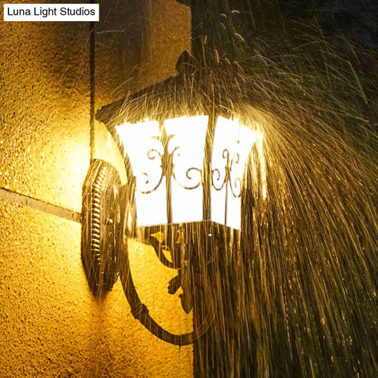 Traditional Solar Led Wall Lamp - Frosted Glass Curved Lantern Sconce For Patios In Black/Brass