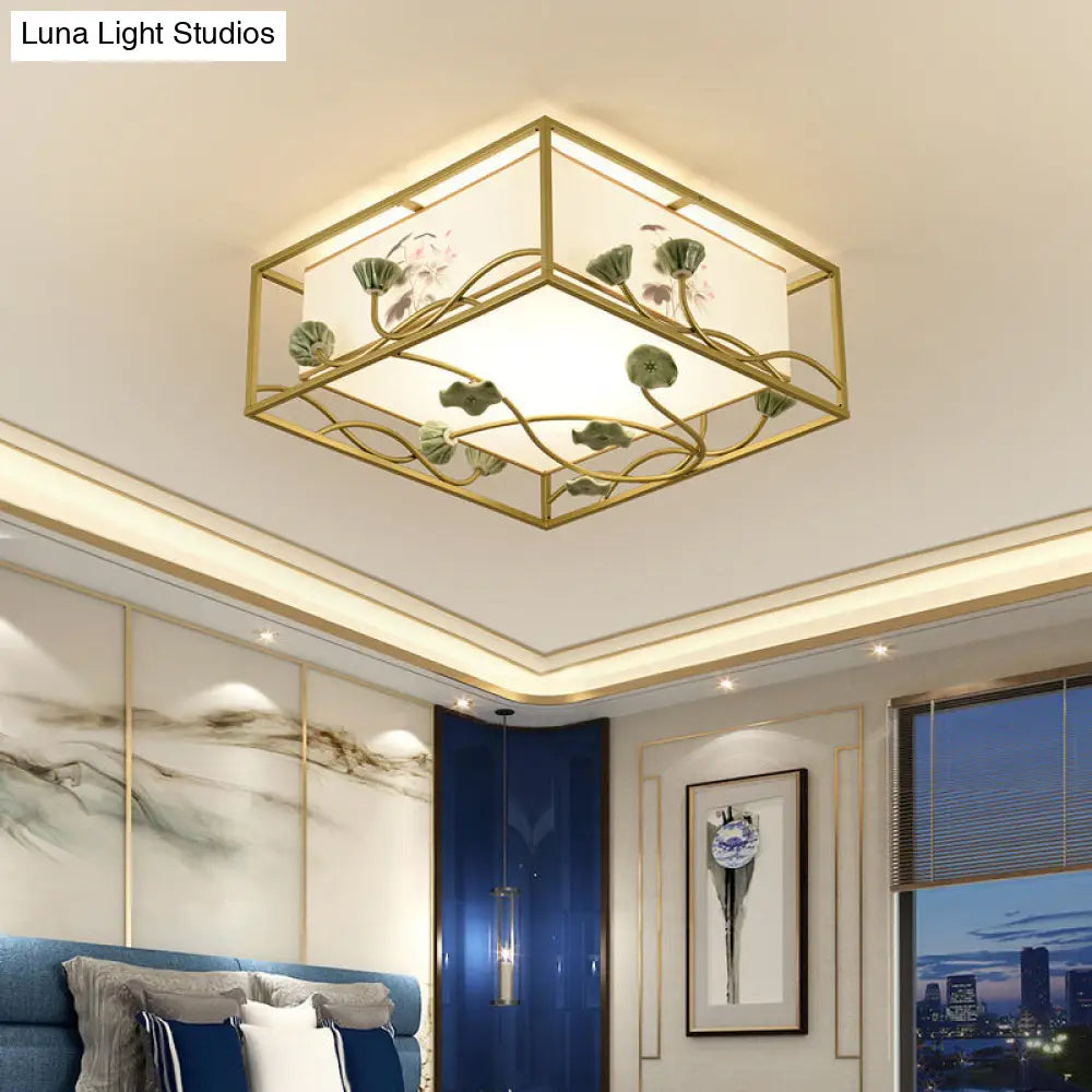 Traditional Square Fabric Flush Mount Lighting - 19.5/23.5 Wide 5 Lights Bedroom Ceiling Fixture In