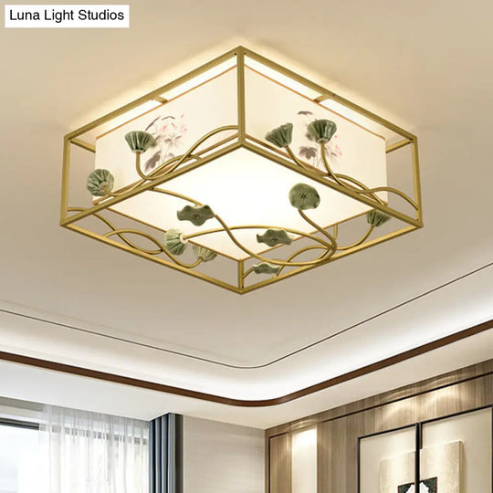 Traditional Square Fabric Flush Mount Lighting - 19.5/23.5 Wide 5 Lights Bedroom Ceiling Fixture In