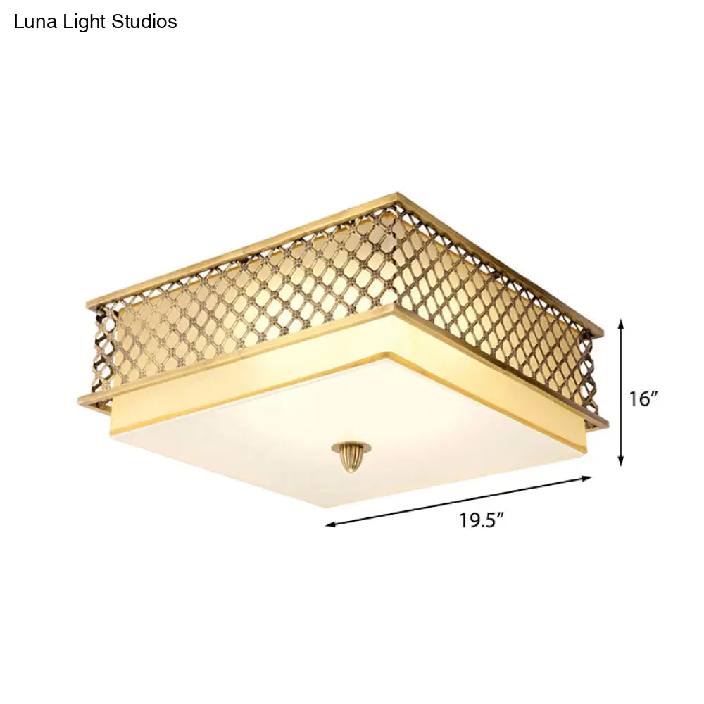 Traditional Square Metal Flushmount Lighting In Brass For Bedroom - 5 Lights 16’/19.5’ Wide