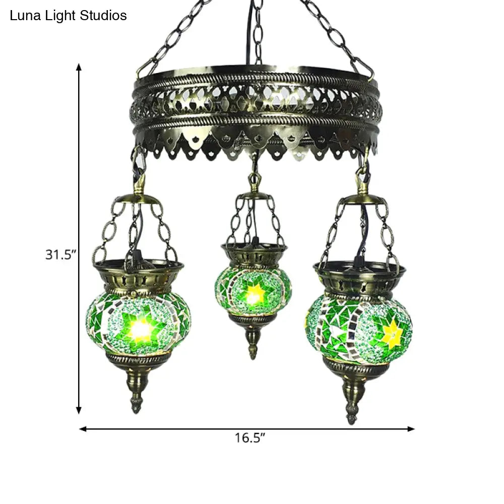 Traditional Stained Art Glass Oval Chandelier - Bedroom Ceiling Lighting (3 Heads) In