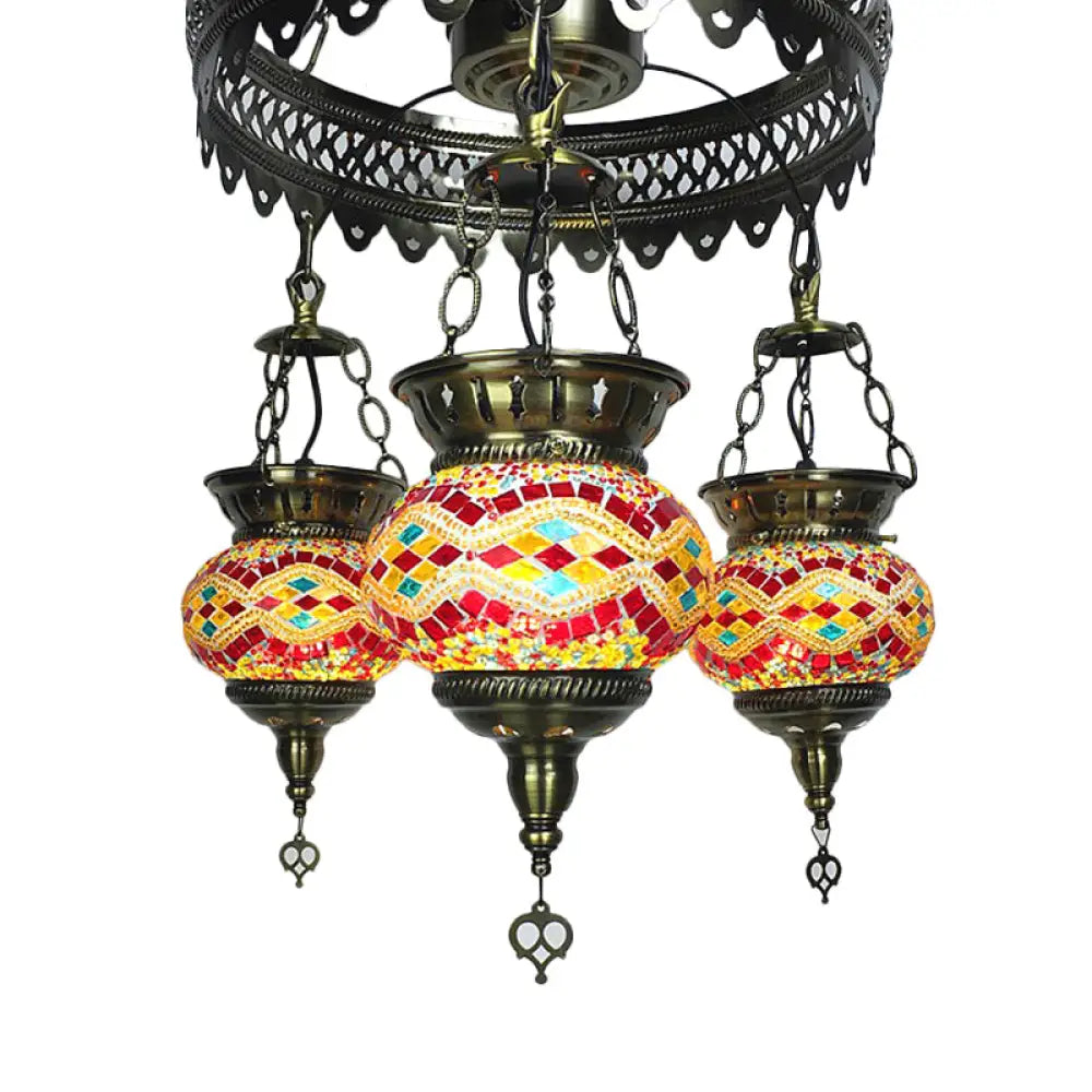 Traditional Stained Art Glass Oval Chandelier - Bedroom Ceiling Lighting (3 Heads) In