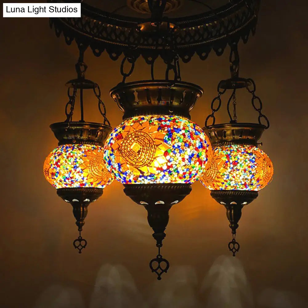 Traditional Stained Art Glass Oval Chandelier - Bedroom Ceiling Lighting (3 Heads) In