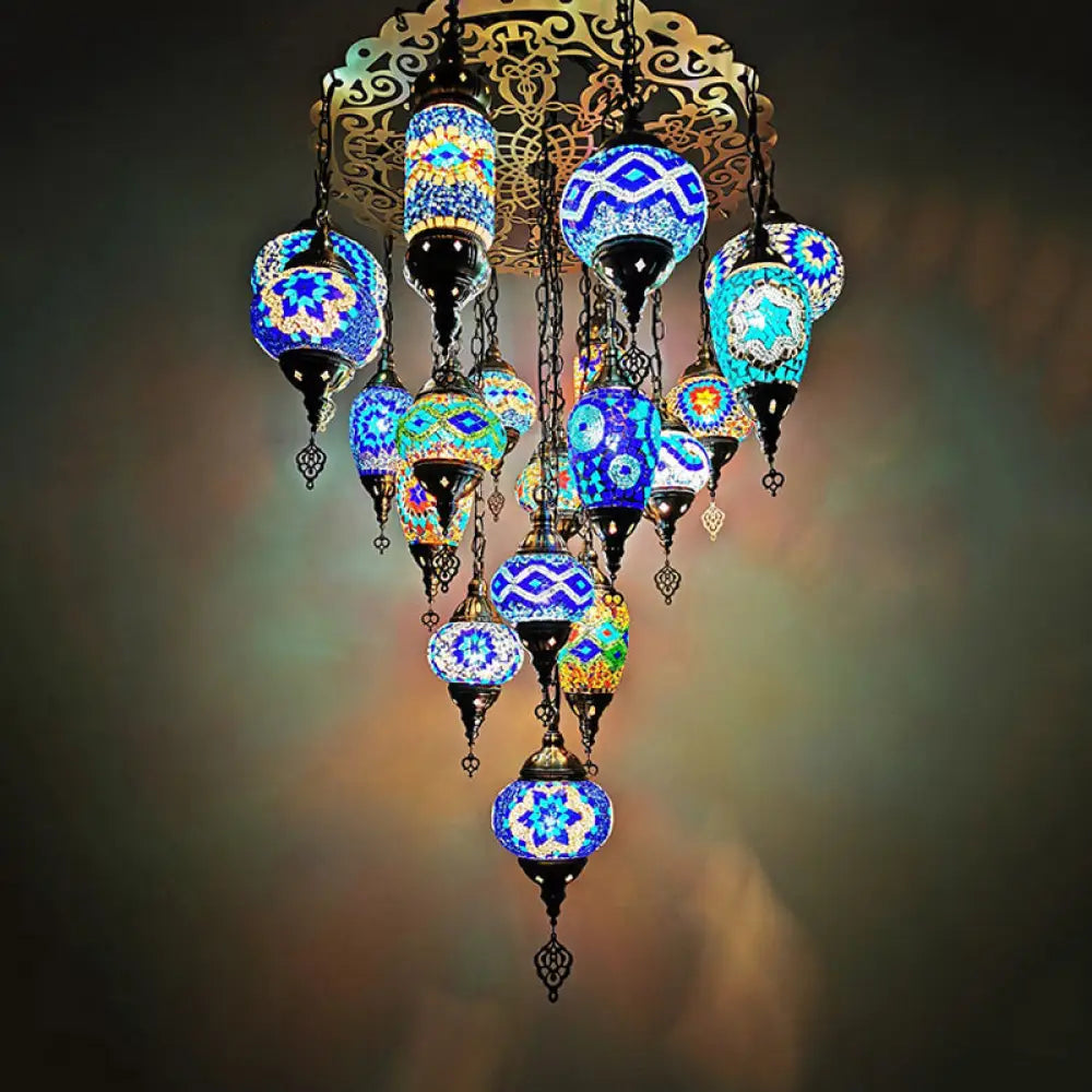 Traditional Stained Glass 19-Head Restaurant Chandelier Lamp: Orange/Blue Oval And Cylinder Hanging