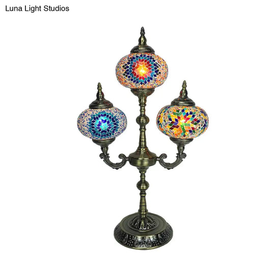 Traditional Stained Glass Bedroom Table Lamp - Oval Shape Yellow/Blue 3-Headed Small Desk