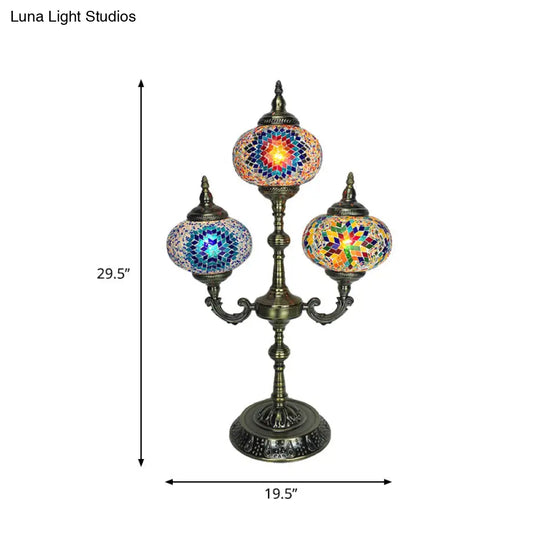 Traditional Stained Glass Bedroom Table Lamp - Oval Shape Yellow/Blue 3-Headed Small Desk