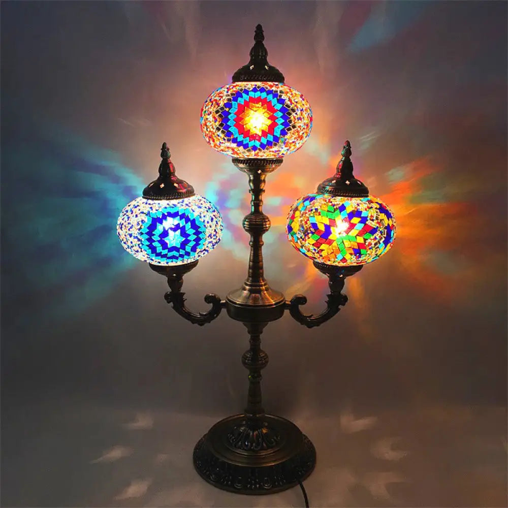 Traditional Stained Glass Bedroom Table Lamp - Oval Shape Yellow/Blue 3-Headed Small Desk Blue