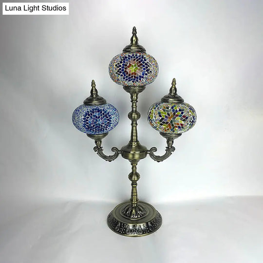 Traditional Stained Glass Bedroom Table Lamp - Oval Shape Yellow/Blue 3-Headed Small Desk