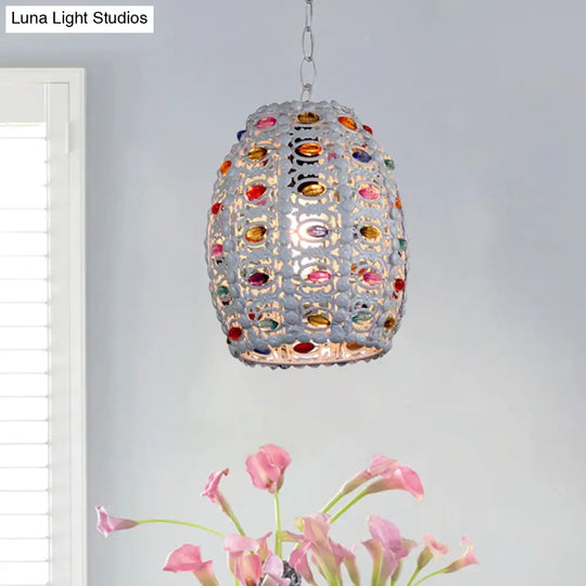 Traditional Stained Glass Cylinder Pendant Light - 5/6 Wide White 1-Light Fixture