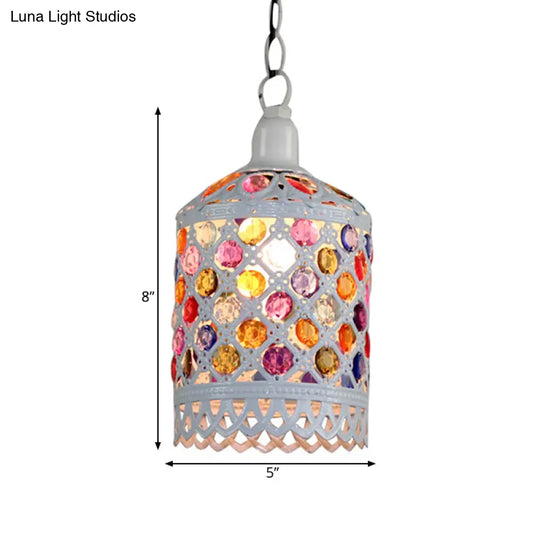 Traditional Stained Glass Cylinder Pendant Light - 5/6 Wide White 1-Light Fixture