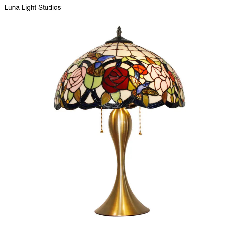 Traditional Stained Glass Dome Nightstand Lamp With 3 Heads Brass Pull Chain Floral And Bird Pattern