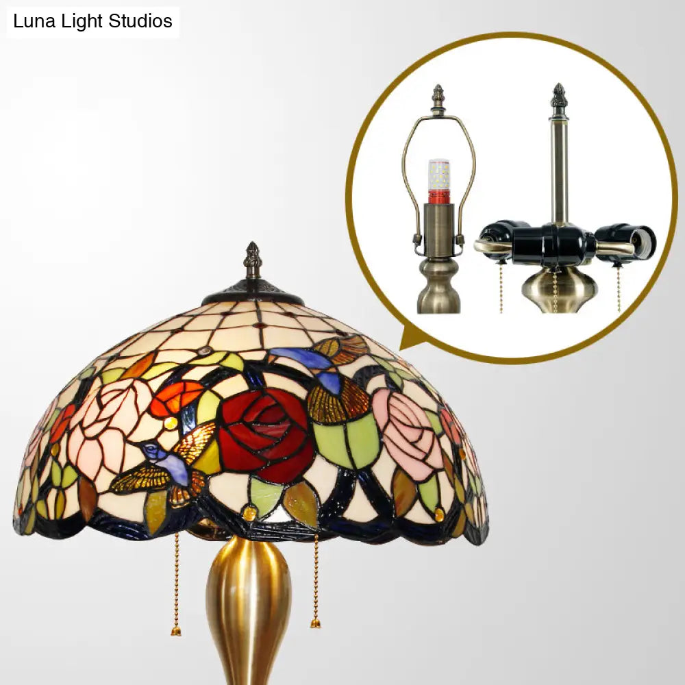 Traditional Stained Glass Dome Nightstand Lamp With 3 Heads Brass Pull Chain Floral And Bird Pattern